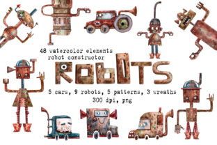 Robots Watercolor Clip Art Set & Illustrations