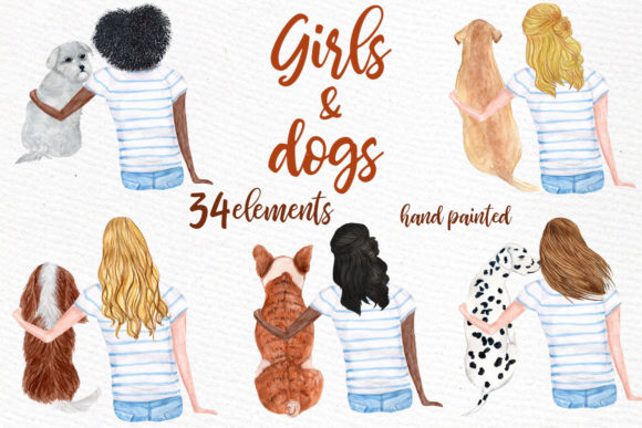 Watercolor Girls with Dogs Clipart Review